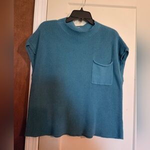 Teal Knit Short Sleeve Sweater with Chest Pocket